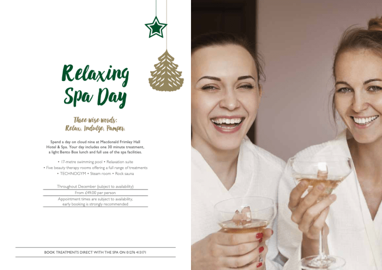 Picture of a spa page from a hotel Christmas brochure to demonstrate marketing skills of Hey Marketing Ltd