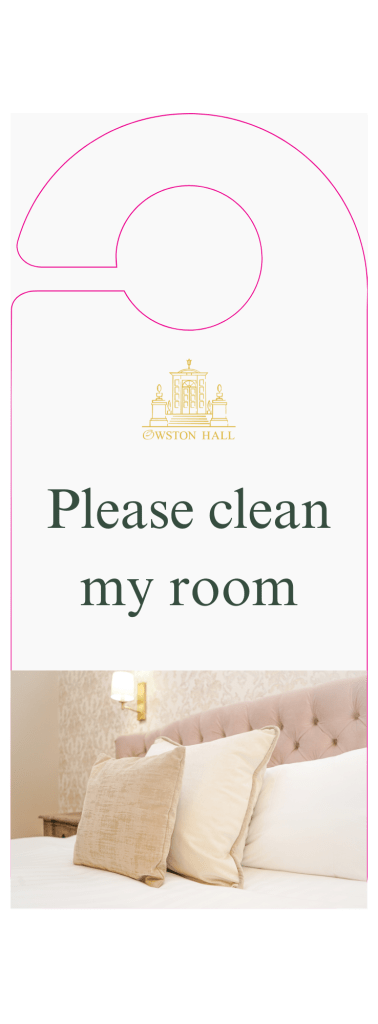 An image of a room service card with new branding for Owston Hall Hotel in Doncaster designed by hotel marketing agency Hey Marketing.