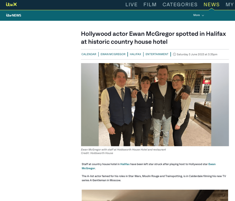 Newspaper clip of film actor Ewan McGregor at Holdsworth House Hotel in Halifax