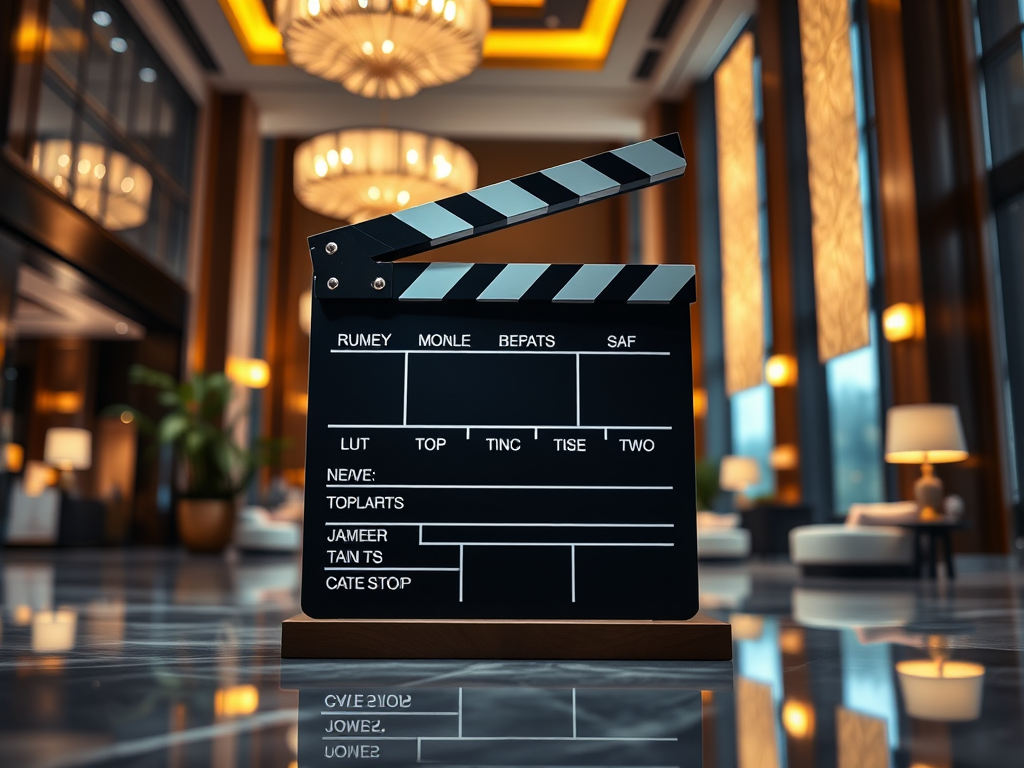 A film clapperboard in a hotel lobby