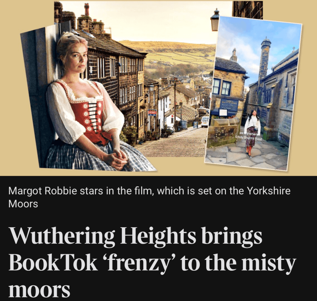 A clip from the Times newspaper showing actor Marot Robbie dressed as Cathy from Emily Bronte's Wuthering Heights on a street in Haworth